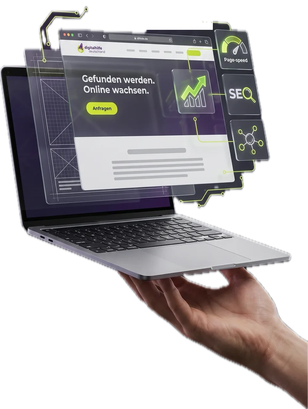 Eine Hand hält ein aufgeklapptes MacBook, das die Website dihide.de zeigt: „Gefunden werden. Online wachsen.“ Darum schweben ein Page-speed-Tacho, ein SEO-Symbol und ein Vernetzungs-Symbol, verbunden durch leuchtende Linien.