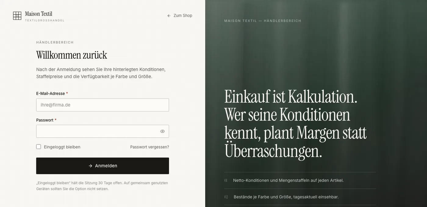 Anmeldung zum Händlerbereich der Orderplattform mit Zugang für freigeschaltete Geschäftskunden