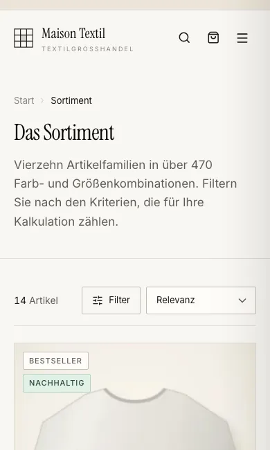 Orderplattform auf dem Smartphone: Sortimentsübersicht mit Filter und Sortierung