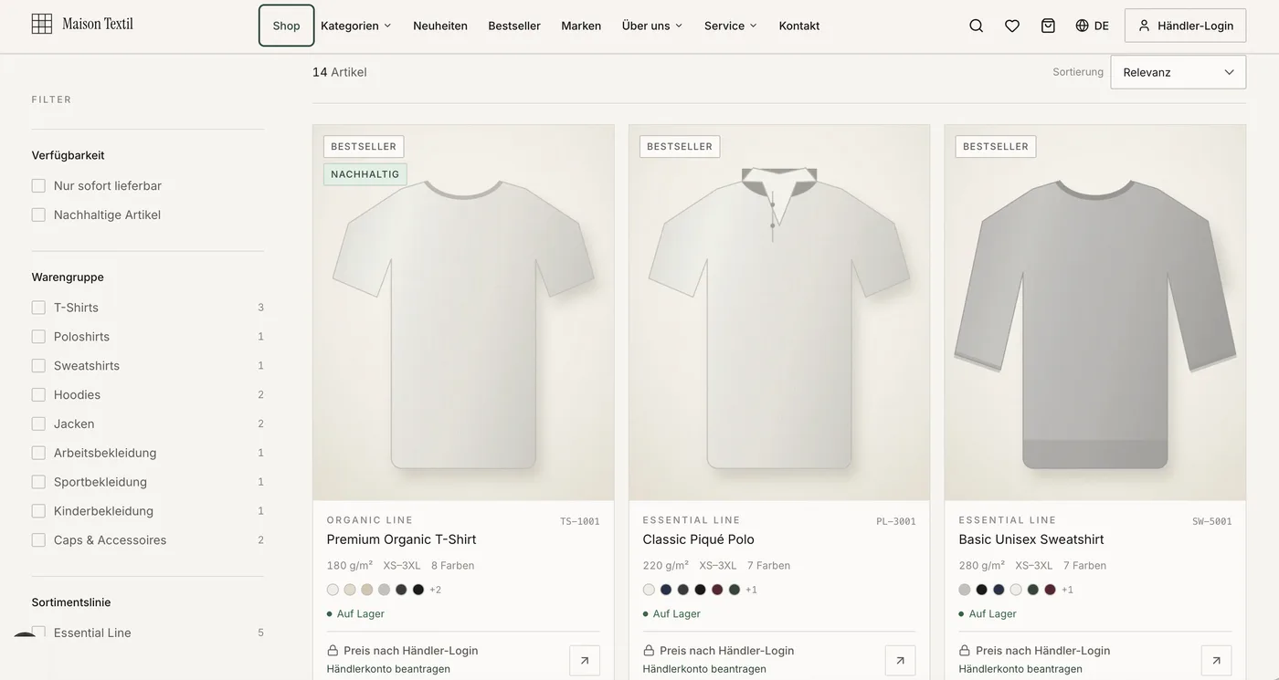 Katalogansicht der Orderplattform: Sortiment mit Filtern nach Warengruppe, jeder Artikel mit dem Hinweis Preis nach Händler-Login